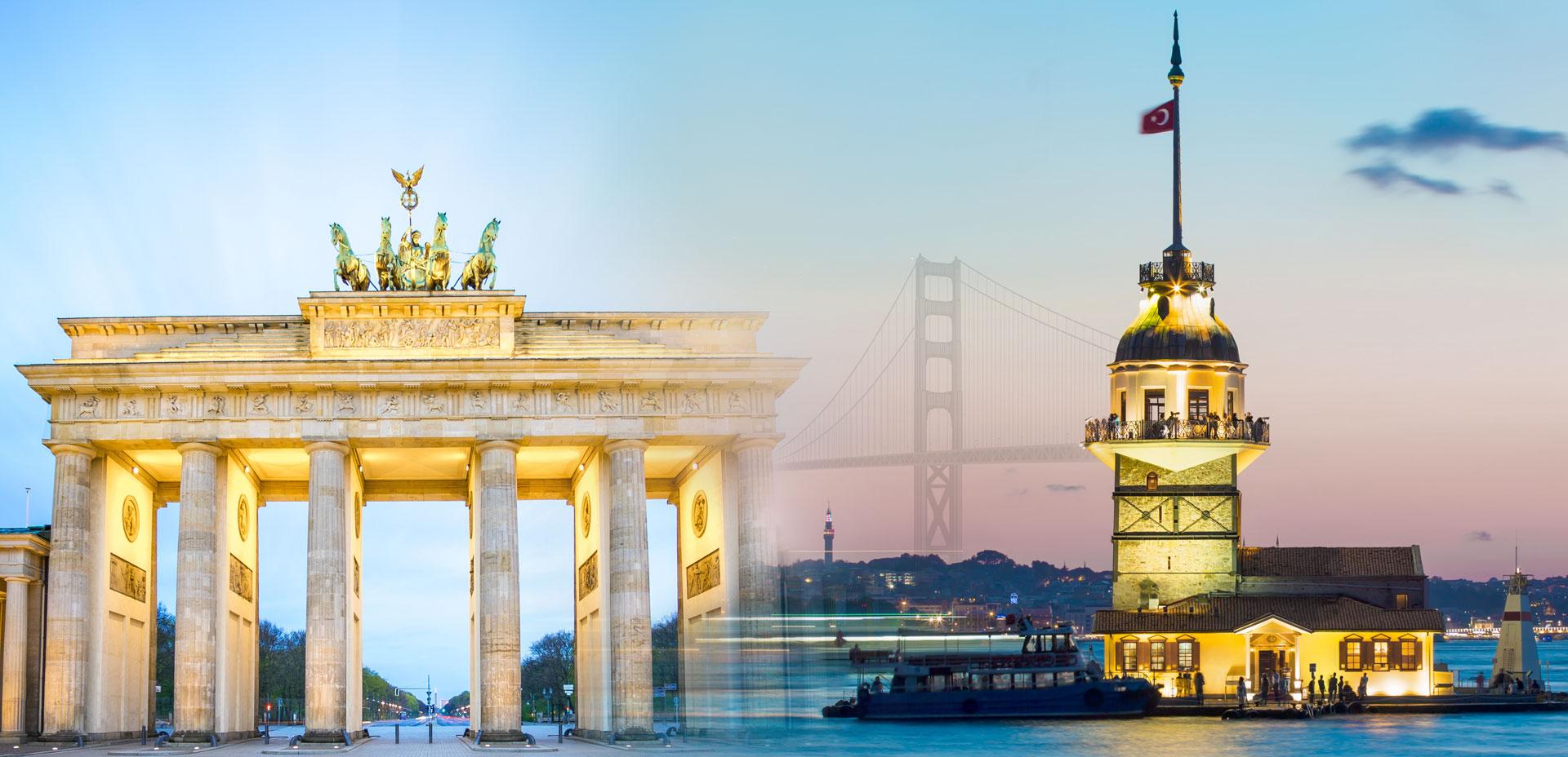 Bildmontage aus dem Brandenburger Tor und dem Leanderturm in Istanbul